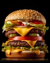 Big tasty cheeseburger with beef, tomato and lettuce on black background. Royalty Free Stock Photo