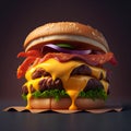 Big tasty cheeseburger on dark background. 3d illustration.