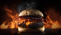 Big tasty cheeseburger on a dark background with fire flames.
