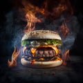 Big tasty cheeseburger on a dark background with fire and smoke