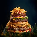 Big tasty cheeseburger with french fries and vegetables on dark background Royalty Free Stock Photo