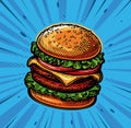 Big tasty cheeseburger in style retro pop art comic. Burger, Fast food restaurant. Vector illustration