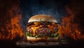 Big tasty cheeseburger on wooden board with fire on background.