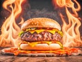 Big tasty cheeseburger on wooden table with fire flames