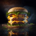 Big tasty cheeseburger on wooden table with smoke, close up