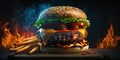 The delicious burger in the black background with AI generated.