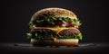 The delicious burger in the black background with AI generated.