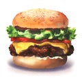 Big tasty haburger, fresh burger with lettuce, cheese, tomato, meat, onion, bun, fast food, isolated, hand drawn