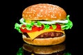 Big tasty hamburger or cheeseburger on black background with grilled meat, cheese, tomato, bacon, onion. Burger closeup Royalty Free Stock Photo