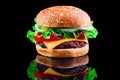 Big tasty hamburger or cheeseburger on black background with grilled meat, cheese, tomato, bacon, onion. Burger closeup Royalty Free Stock Photo