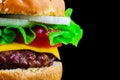 Big tasty hamburger or cheeseburger on black background with grilled meat, cheese, tomato, bacon, onion. Burger closeup Royalty Free Stock Photo