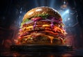 Big tasty hamburger with red and yellow sauce on dark background. 3d rendering