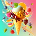 Big tasty juicy colored melted in hot tropical summer sunny day ice cream on bright background Royalty Free Stock Photo