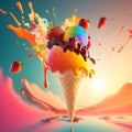 Big tasty juicy colored melted in hot tropical summer sunny day ice cream on bright background Royalty Free Stock Photo