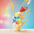 Big tasty juicy colored melted in hot tropical summer sunny day ice cream on bright background Royalty Free Stock Photo