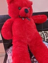 Big teddybear sitting on bed