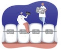 Big teeth with braces and small dentists, doctors, orthodontists, flat vector stock illustration with orthodontist and braces
