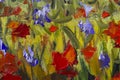 Big texture abstract flowers. Close up fragment of oil painting artistic flowers image. Palette knife flowers macro. Macro artist` Royalty Free Stock Photo