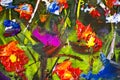 Big texture abstract flowers. Close up fragment of oil painting artistic flowers image. Palette knife flowers macro. Macro artist` Royalty Free Stock Photo