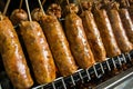 Big thai spice sausage on grill,It smells fragrant and full of thai spice.At `BANG-NUM-PUENG` market,Thailand