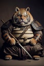 Big tiger in samurai armor with sword