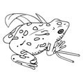 Big toad sits on grass. Outline frog with patterned skin. Contour tropical froggy, drawing amphibian animal. Swamp fauna