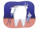 Big tooth, and little dentists, doctors, orthodontists treat in a dental booklet, flat vector stock illustration with tooth, molar