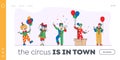 Big Top Circus Clowns Landing Page Template. Funny Carnival Funsters Characters or Jesters in Bright Costumes, Periwig