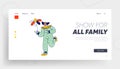 Big Top Clown Character with Huge Flower Landing Page Template. Jester Performer, Circus Show Entertainer