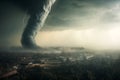 Big tornado over a city, danger nature