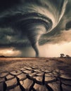 Big tornado storm above the desolate land. Dry cracked ground field and weather disasters caused by the global climate change.