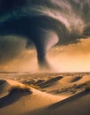 Big tornado storm in the desert above the sand dunes. Anomalous phenomena and climacteric disasters caused by the global warming.