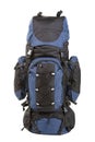 Big tourist backpack from black and blue fabric, new filled backpack, on a white background Royalty Free Stock Photo