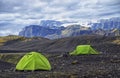 Big tourist camp is located in the valley of the park near the glacier Royalty Free Stock Photo