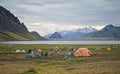 Big tourist camp is located in the valley of the park near the lake Royalty Free Stock Photo