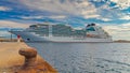 Big tourist ship near the mediterranean town Palamos in Spain, 15. 05. 2018 Spain Royalty Free Stock Photo