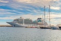 Big tourist ship near the mediterranean town Palamos in Spain, 15. 05. 2018 Spain Royalty Free Stock Photo