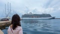 Big tourist ship near the mediterranean town Palamos in Spain, 03. 06. 2018 Spain Royalty Free Stock Photo