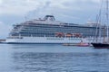 Big tourist ship near the mediterranean town Palamos in Spain, 03. 06. 2018 Spain Royalty Free Stock Photo