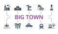 Big Town set icon. Editable icons big town theme such as skyscraper, taxi, square and more. Royalty Free Stock Photo