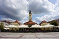 Big town square in Bialystok, Poland with tourist tables and town hall