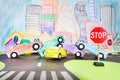 Big traffic accident at crossing in the toy city Royalty Free Stock Photo