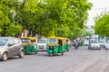 Big traffic Tuk Tuks buses people New-Delhi Delhi India Royalty Free Stock Photo