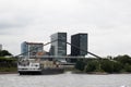 A big transport ship on its way at the rhine river in dÃÂ¼sseldorf germany