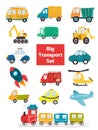 Big transportation set. Bright collection of cars and trucks in simple flat style. Cute transport vehicles for prints, decorations