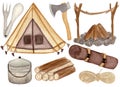 Big travel watercolor collection. Isolated tent, bunch of logs, fire pit, cauldron, rope, sleeping pad, axe, fork spoon.