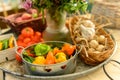 Big tray with various fruits vegetables and flowers Royalty Free Stock Photo