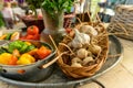 Big tray with various fruits vegetables and flowers Royalty Free Stock Photo