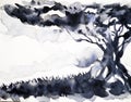 Big tree black color watercolor painting hand drawn illustration