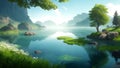 Big tree calm river forest mountain wall Ai Generated